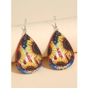 Vegan Leather Teardrop Dangle Earrings Sunflower/American Flag Print~~NWOT